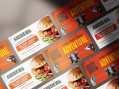 Aussie Grill Grand Opening Coupons branding burger design fast food identity illustration illustrator layout marketing marketing campaign marketing collateral print design restaraunt restaurant branding restaurant design