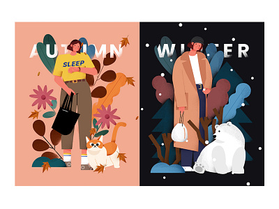 Four seasons animal illustration design illustration people people illustration series web