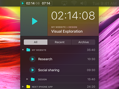 Timepal Pro – Timer Window app blur background mac app macos menu bar mojave statusbar task list task management time management time tracker timer ui