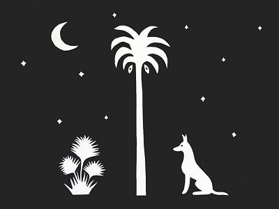 Desert Night black and white cutout desert dog night palm tree paper art