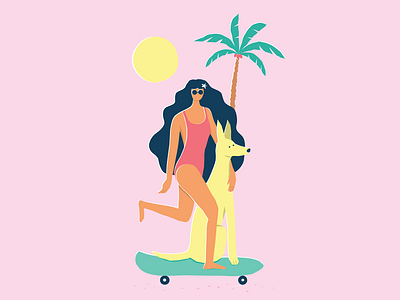 Cruising Mode beach dog girl happy illustration pink summer sun tropical woman