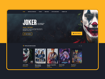 Cinema landing page branding cinema design flat homepage icon illustration joker movie logo photoshop typography webdesign website website design