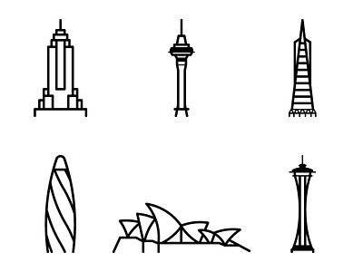 Iconography design empire state building gherkin iconography illustration minimalism opera house sky tower space needle transamerica vector