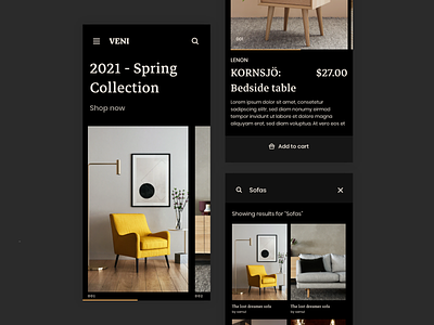 Furniture Marketplace - Mobile App (Dark Theme) application clothing dark design ecommerce flat marketplace mobile app night shop shopping ui ux