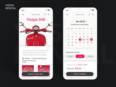 Vespa moped rental app bike rental calendar clean creative date picker design ios mobile ui ux vespa