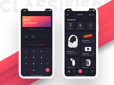 Classifieds App app categories classifieds dark theme home screen iphone x landing screen multi color gradient otp ui