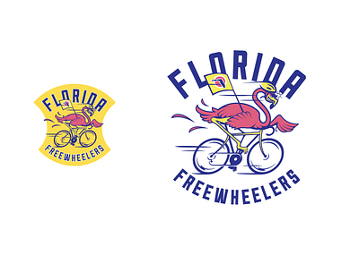 Florida Freewheelers 2 badge client cycling flamingo florida goofy illustration logo salvage