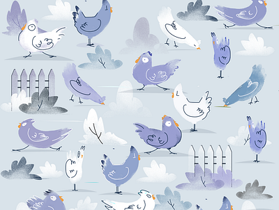 Little chickens blue brush chicken fresh illustration interior pattern texture wallpaper