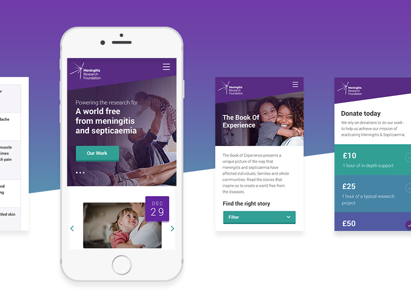 Meningitis Research Foundation x Delete mobile charity gradient branding layout ux ui digital website