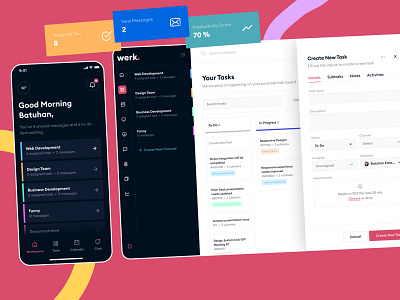 Werk. - All in one team management tool all in one application chat design interface management message product remote screen task team tracking ui