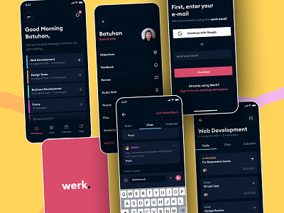 Werk. mobile app - All in one team management tool application chat design interface message mobile product remote screen task task management team tracker ui ux