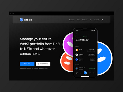 Radius Wallet: Manage your entire Web3 portfolio from DeFi to NF application crypto defi design fintech interface landing nft portfolio product radius screen ui wallet web3 web3 landing