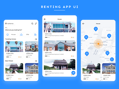 Home Renting App app design application appui blue daily ui dailyui design home list view listing mapviewer rent rental renting uidesign uiux uiux design ux design
