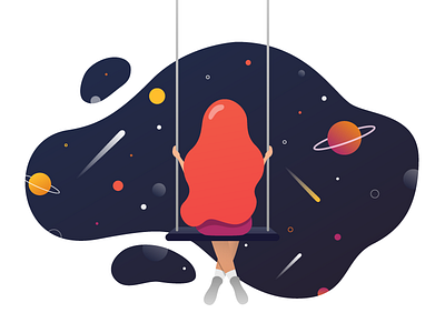 Swinging in the space character design flat girl hair illustration planets space stars swing universe woman