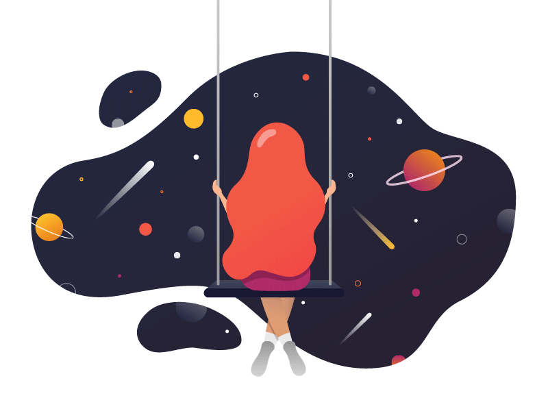 Swinging in the space animation animation character flat girl hair illustration motion graphic planets space stars swing universe