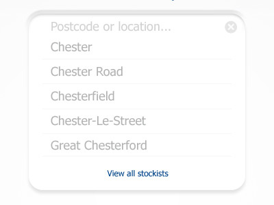 Stockist locator dropdown realtime recommended results search suggestion