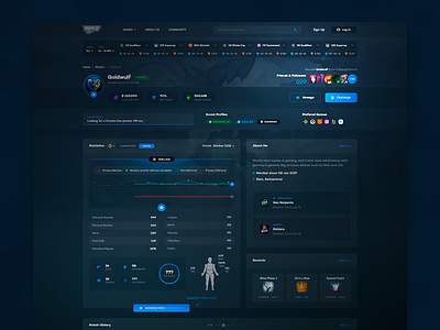 Gamer's Profile UI counter-strike dark dashboard dota esports fortnite gamer games gaming profile tournament ui user ux