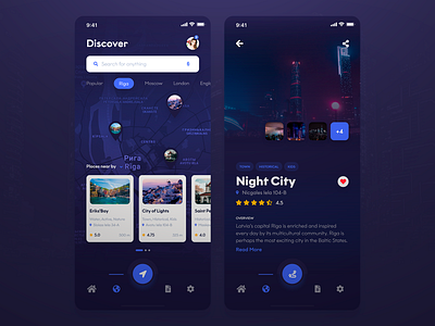 Discover Beautiful Travel Places App [Dark] android app black dark design destination discover ios iphone map mobile navigation responsive riga street travel ui ux