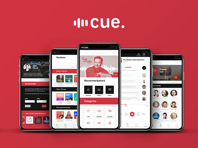 Cue App UI android app app design apple black creative logo modern podcast red typography ui ux wireframe