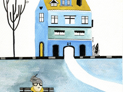 My dog is bigger than Me blue city dog home house illustration painting winter