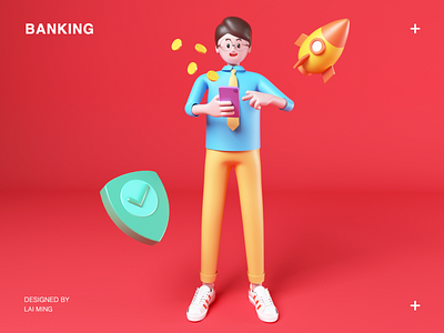 BANKING 3d app bank banking boy c4d cinema 4d coins gold coins gui iphone man oc people protect red rocket security ui ux