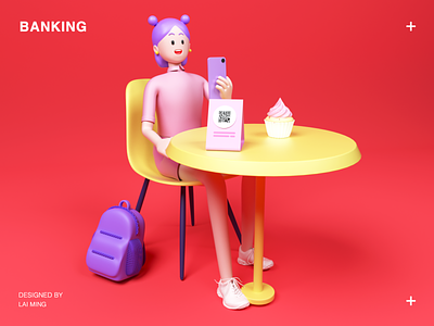 BANKING 3d app bank banking c4d cake girl gui iphone lovely money oc payment people red schoolbag table ui ux woman