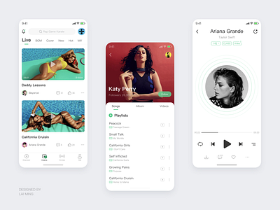 Music App app artist beyonce cool discover green gui icon icons katy perry list music phone play player setting theme ui ux video