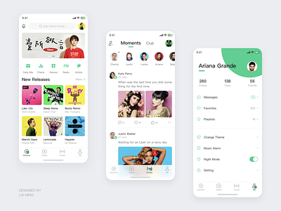 Music App app artist beyonce circle cool discover green gui icon katy perry list me music phone play player theme ui ux video