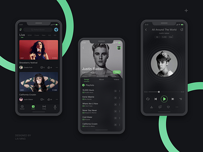 Music App app artist dark dark mode discover green gui icon icons katy perry list music night night mode phone play player theme ui ux