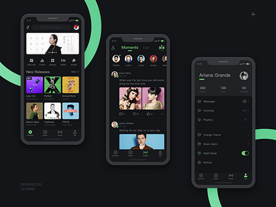 Music App app artist beyonce black dark dark mode green gui icon icons katy perry list music night night mode phone play theme ui ux