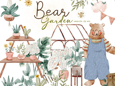 Bear Garden, Plants Watercolor Cliparts product design