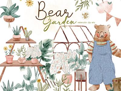 Bear Garden, Plants Watercolor Cliparts