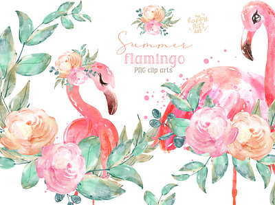 Summer Flamingo Watercolor Clip Arts clipart design graphic design illustration product design