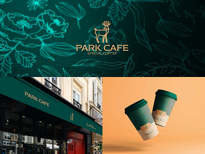Park Cafe branding cafe coffee coffee bean coffee cup coffee shop coffeeshop cup deer design flowers gold green logo identity logo mark parks