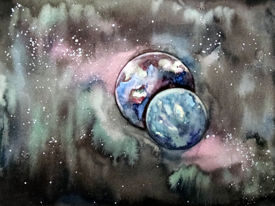 Binary planets galaxy planet space watercolor