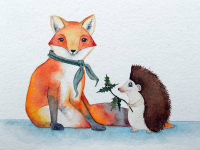 Fox and Hedgehog Christmas Card card christmas fox hedgehog holiday postcard watercolor