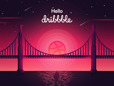 Hello Dribbble! boat colors golden gate bridge illustration san francisco stars sunset travel usa