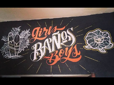 Lettering "Baños" - Beer Bar Wall beer calligraphy craftbeer design flowers gold letter lettering letters mural surf wall