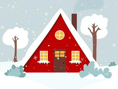 Winter red house. Christmas house in the forest. Vector graphics hill