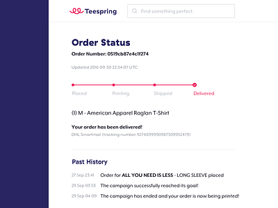 Order Status delivery mobile order tracker orders progress responsive status teespring ui ux
