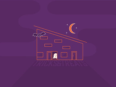 Tricks & Treats bat cute illustration ghost halloween house illustration illustration moon orange party invite purple spooky