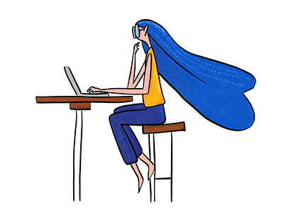 Working flow blue computer illustration procreate sitting woman working yellow