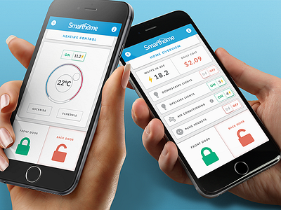Smarthome App Mockup blue clean hands home lock meter power smart thermostat unlock watts