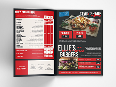 Ellie's Pizzeria Menu brochure burger design flyer grey layout leaflet menu pizza red restaurant