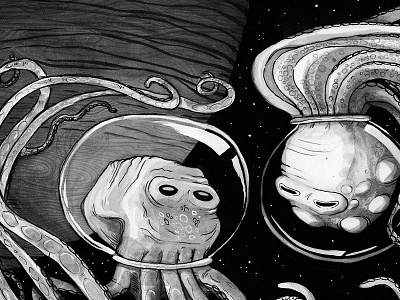 Dueling Ocotnauts illustration ink octopus painting sumi