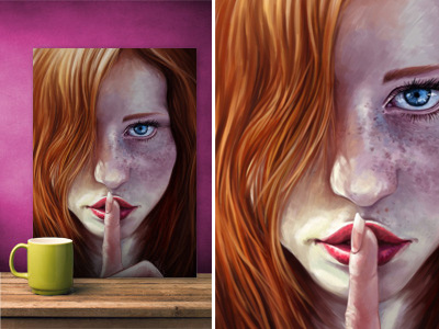Shhh beauty blue eyes girl painting portrait redhead shhh silence
