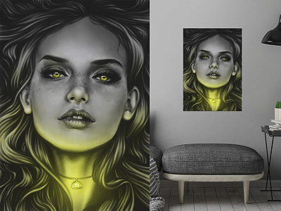 Grace and the pearl beauty digital art digital painting girl grace interior design jewelry painting pearl portrait print wall art woman yellow