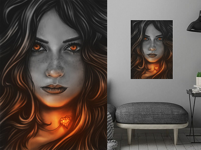 Morgana and the Heart beauty digital painting girl heart interior metal print painting portrait poster print red wall art woman