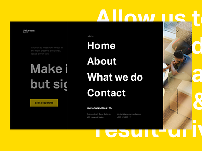 Unknown media - menu black black and yellow clean design experience homepage menu menu design typography ui ux web website yellow