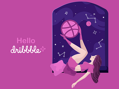 Hello Dribbble dribbble dribbble ball girl hello dribbble illustration pijama pink sky vector
